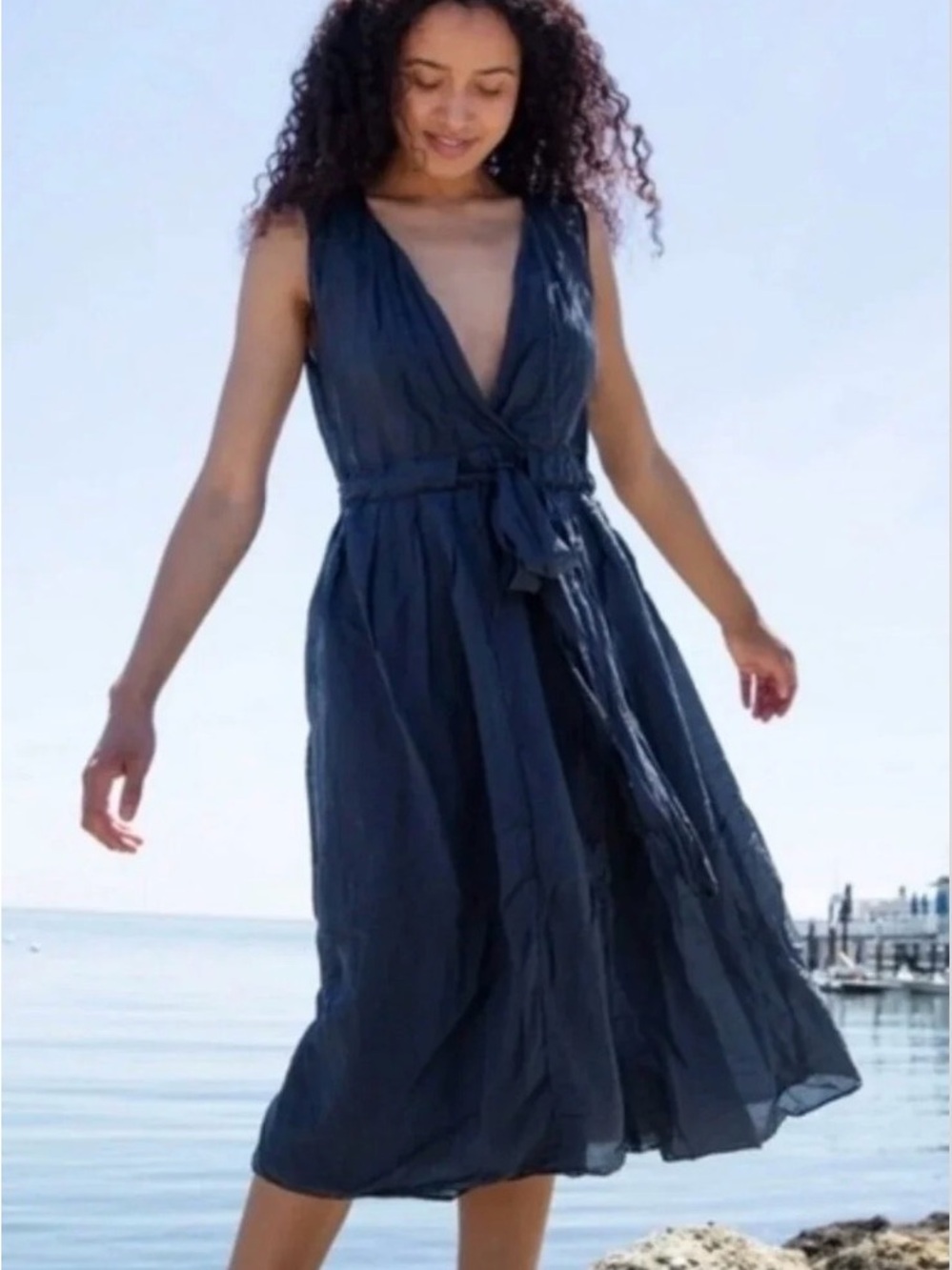 CP Shades Navy Deep-V Wrap Midi Dress